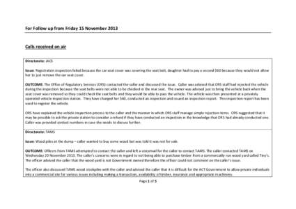 For Follow up from Friday 15 November[removed]Calls received on air Directorate: JACS Issue: Registration inspection failed because the car seat cover was covering the seat belt, daughter had to pay a second $60 because th