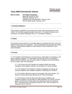 Texas A&M University-San AntonioO0.01 Civil Rights Compliance Approved: January 24, 2011 Reviewed: February, 2013