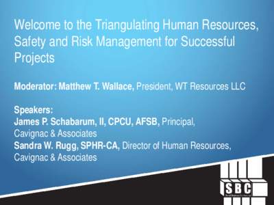 Welcome to the Triangulating Human Resources, Safety and Risk Management for Successful Projects Moderator: Matthew T. Wallace, President, WT Resources LLC Speakers: James P. Schabarum, II, CPCU, AFSB, Principal,