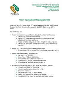 American Center for Life Cycle Assessment Institute for Environmental Research and Education PO Box 2449 Vashon WA[removed]Phone: [removed]Web: www.lcacenter.org