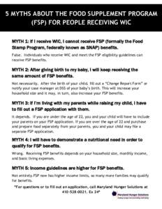 5 MYTHS ABOUT THE FOOD SUPPLEMENT PROGRAM (FSP) FOR PEOPLE RECEIVING WIC MYTH 1: If I receive WIC, I cannot receive FSP (formally the Food Stamp Program, federally known as SNAP) benefits. False. Individuals who receive 