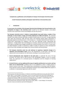 Competencies, qualifications and anticipation of change in the European electricity sector A Joint Framework of Actions of European Social Partners in the electricity sector I.  Introduction