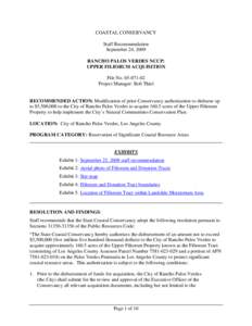 COASTAL CONSERVANCY Staff Recommendation September 24, 2009 RANCHO PALOS VERDES NCCP: UPPER FILIORUM ACQUISITION File No[removed]