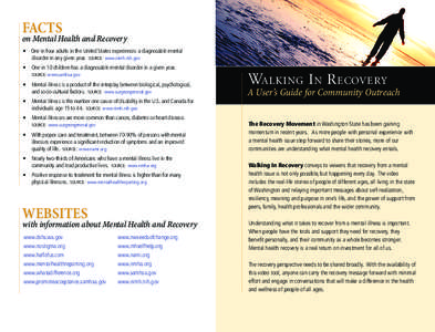 FACTS  on Mental Health and Recovery • One in four adults in the United States experiences a diagnosable mental disorder in any given year. source: www.nimh.nih.gov •	 One in 10 children has a diagnosable mental diso