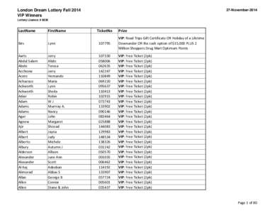 London Dream Lottery Fall 2014 VIP Winners 27-November[removed]Lottery Licence: # 6836