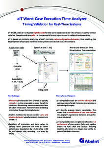 aiT Worst-Case Execution Time Analyzer Timing Validation for Real-Time Systems aiT WCET Analyzer computes tight bounds for the worst-case execution time of tasks in safety-critical systems. These bounds are safe, i.e. th