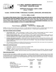 Date: U. S. SMALL BUSINESS ADMINISTRATION FACT SHEET - DISASTER LOANS KENTUCKY Declaration 14297 & Disaster: KY-00054)