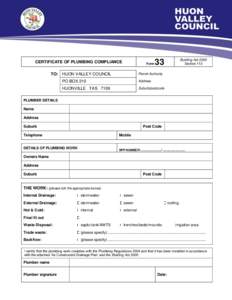 CERTIFICATE OF PLUMBING COMPLIANCE  Form TO: HUON VALLEY COUNCIL