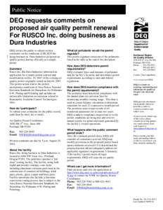 Public Notice  DEQ requests comments on proposed air quality permit renewal For RUSCO Inc. doing business as Dura Industries