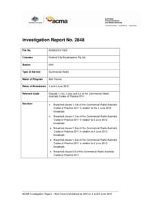 Investigation Report No[removed]File No. ACMA2012[removed]Licensee