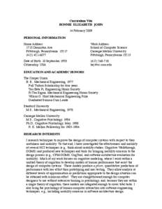 Curriculum Vita BONNIE ELIZABETH JOHN 14 February 2009 PERSONAL INFORMATION Home Address: 1715 Denniston Ave.