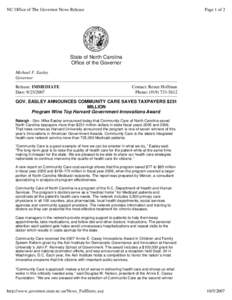 NC Office of The Governor News Release  Page 1 of 2 State of North Carolina Office of the Governor