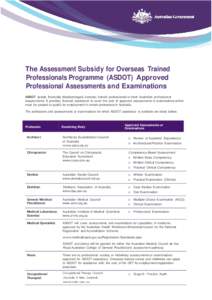 The Assessment Subsidy for Overseas Trained Professionals Programme (ASDOT) Approved Professional Assessments and Examinations ASDOT assists financially disadvantaged, overseas trained professionals to meet Australian pr