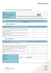 STATE BENCH OFFICIAL - PRACTICAL ASSESSMENT FORM NAME: MEMBER ORGANISATION: DATE:  Current Section 1 Umpire Theory Exam Pass (70% or above)