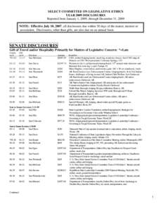 SELECT COMMITTEE ON LEGISLATIVE ETHICS YEAR 2009 DISCLOSURES Reported from January 1, 2009, through December 31, 2009 NOTE: Effective July 10, 2007, all disclosures due within 30 days of the matter, interest or associati