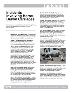 Incidents Involving HorseDrawn Carriages The following is a partial list of incidents involving horses used in carriage operations. Contact PETA for documentation.
