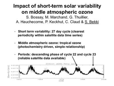 Impact of short-term solar variability on middle atmospheric ozone S. Bossay, M. Marchand, G. Thuillier, A. Hauchecorne, P. Keckhut, C. Claud & S. Bekki -  Short term variability: 27 day cycle (clearest periodicity wit
