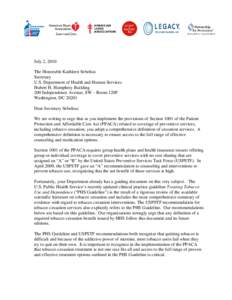 Microsoft Word - Letter to Secretary Sebelius re Comprehensive Cess Benefit[removed]