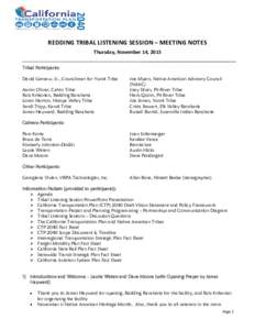 REDDING TRIBAL LISTENING SESSION – MEETING NOTES Thursday, November 14, 2013 Tribal Participants: David Gensaw, Sr., Councilman for Yurok Tribe Aaron Oliver, Cahto Tribe Rob Krikorian, Redding Rancheria