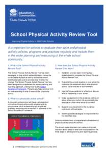School Physical Activity Review Tool Improving Physical Activity in NSW Public Schools It is important for schools to evaluate their sport and physical activity policies, programs and practices regularly and include them