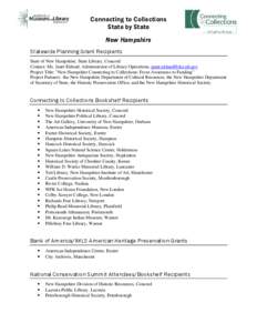 Connecting to Collections State by State New Hampshire Statewide Planning Grant Recipients State of New Hampshire, State Library, Concord Contact: Ms. Janet Eklund, Administrator of Library Operations, janet.eklund@dcr.n