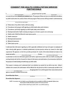 CONSENT FOR HEALTH CONSULTATION SERVICES FOR THE CHILD I, __________________________________________, give permission for my child, ___________________________ full name of parent/guardian  full name of child