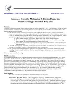 DEPARTMENT OF HEALTH & HUMAN SERVICES  Public Health Service Summary from the Molecular & Clinical Genetics Panel Meeting – March 8 & 9, 2011