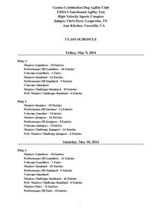 Canine Combustion Dog Agility Club USDAA Sanctioned Agility Test High Velocity Sports Complex Judges: Chris Dyer, Grapevine, TX Ann Kitchen, Vacaville, CA