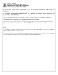 STATE OF MISSOURI division of professional registration INSTRUCTIONS FOR COMPLETION OF AN APPLICATION FOR REINSTATEMENT