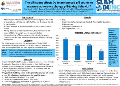 The pill count effect: Do unannounced pill counts to measure adherence change pill-taking behavior? Elise Nelson, MSc1; Quinn Williams, MSW1; Julie O’Donnell, MPH2; Marcus Hawley1; Bradley N. Gaynes, MD MPH3; Evelyn B.