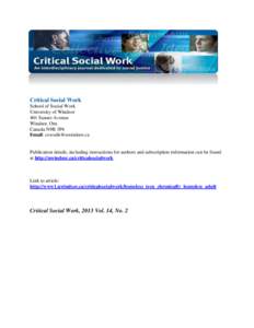 Critical Social Work School of Social Work University of Windsor 401 Sunset Avenue Windsor, Ont. Canada N9B 3P4