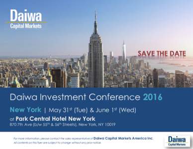 Daiwa Investment Conference 2016 New York | May 31st (Tue) & June 1st (Wed) at Park Central Hotel New York