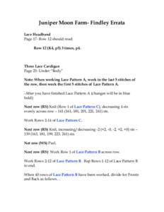 Juniper Moon Farm- Findley Errata Lace Headband Page 17- Row 12 should read: Row 12 (K4, p5) 3 times, p4.  Three Lace Cardigan