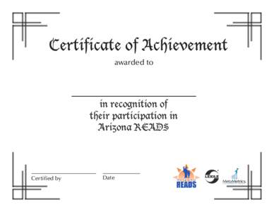 Certificate of Achievement awarded to in recognition of their participation in Arizona READS