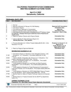 CALIFORNIA TRANSPORTATION COMMISSION MEETING SUMMARY/ACTIONS TAKEN April 3-4, 2002 Sacramento, California Wednesday, April 3, 2002 Tab #