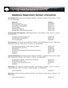 Gladstone Department Contact Information City Hall Offices, 525 Portland Avenue, Gladstone, OR[removed]Office Hours: Monday – Friday, 8:00 a.m. to 5:00 p.m. Fax: [removed]Department General Business Line Water Depa