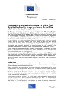 EUROPEAN COMMISSION  PRESS RELEASE Brussels, 7 October[removed]Employment: Commission proposes €7.2 million from