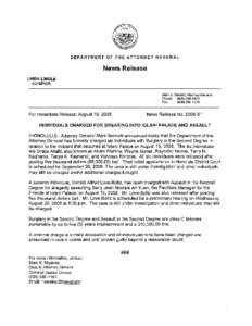 DEPARTMENT OF THE ATTORNEY GENERAL  News Release LINDA LINGLE GOVERNOR