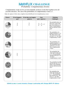 Probability: Complementary Events Complementary events are two or more mutually exclusive events that together cover all possible outcomes. The sum of the probabilities of complementary events is 1. Study the spinners be