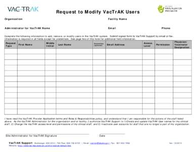 Request to Modify VacTrAK Users Organization Facility Name  Administrator for VacTrAK Name