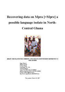 Recovering data on Mpra [=Mpre] a possible language isolate in NorthCentral Ghana