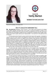 Speech By  Verity Barton MEMBER FOR BROADWATER  Record of Proceedings, 29 October 2013
