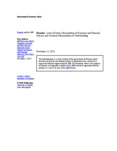 Rwanda: Letter of Intent, Memorandum of Economic and Financial Policies, and Technical Memorandum of Understanding; November 12, 2013