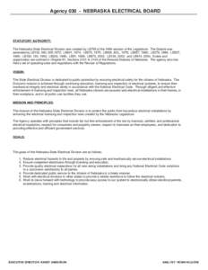 Agency[removed]NEBRASKA ELECTRICAL BOARD  STATUTORY AUTHORITY: The Nebraska State Electrical Division was created by LB765 of the 1969 session of the Legislature. The Statute was amended by LB130, 490, 605,1972; LB841, 197