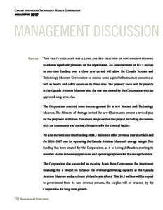 Canada Science and Technology Museum Corporation Annual Report[removed]Management Discussion