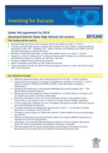 Under this agreement for 2016 Cleveland District State High School will receive $575,880*  This funding will be used to:
