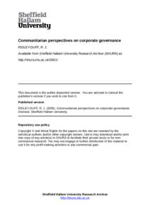 Communitarian perspectives on corporate governance RIDLEY-DUFF, R. J. Available from Sheffield Hallam University Research Archive (SHURA) at: http://shura.shu.ac.uk[removed]This document is the author deposited version. Y