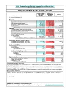 4010 Calgary Roman Catholic Separate School District No. 1 School Jurisdiction Code and Name FALL 2011 UPDATE TO THE[removed]BUDGET Fall 2011 Update to the Budget