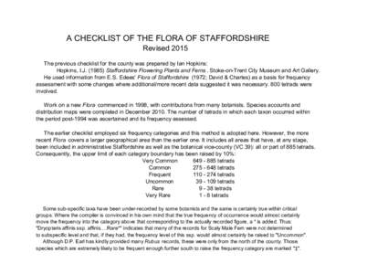 A CHECKLIST OF THE FLORA OF STAFFORDSHIRE Revised 2015 The previous checklist for the county was prepared by Ian Hopkins: Hopkins, I.JStaffordshire Flowering Plants and Ferns . Stoke-on-Trent City Museum and Art