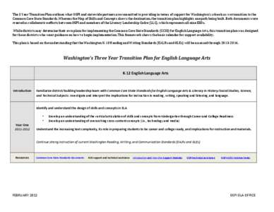 The 3 Year Transition Plan outlines what OSPI and statewide partners are committed to providing in terms of support for Washington’s schools as we transition to the Common Core State Standards. Whereas the Map of Skill